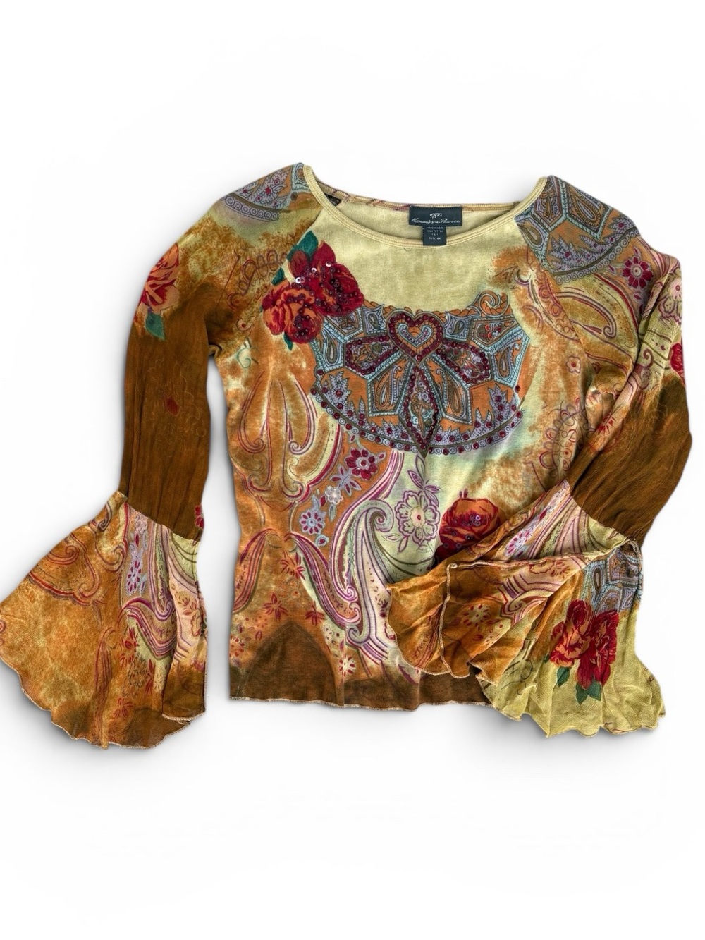 Alexandria Pierce Boho Paisley Bell Sleeve Embellished Cotton Top LARGE